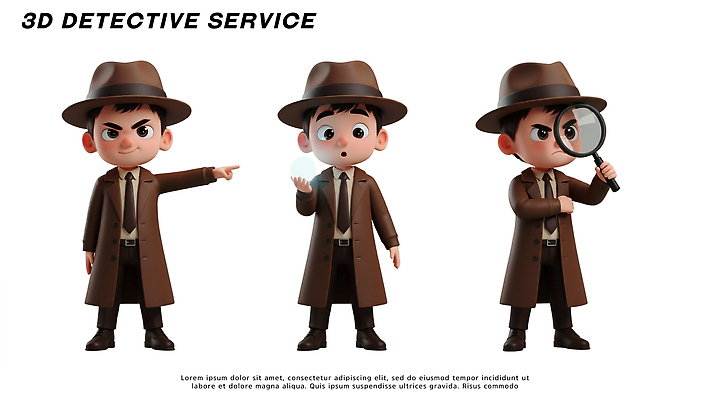 PSD 편집이미지 캐릭터 옷 남자 포즈 손짓 3D 귀여움 사건 검사_조사 확대경 탐정 편집3D 컨셉 모션 사람 디지털합성 파일형식