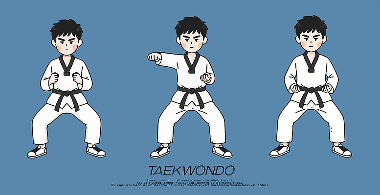 어린이 포즈 일러스트 기술 운동 주먹 무도 킥 집중 연습 태권도 관절 파란배경 수행 일러캐릭터 AI파일 캐릭터 스포츠 백그라운드 컨셉 모션 뼈 건강 사람 파란색 격투기 파일형식 벡터