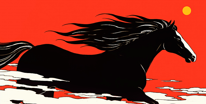 JPG 동물 예술 일러스트 모션 자연 풍경 달리기 평화 노을 검은색 힘 일몰 사막 자유 말_게임 강렬 뷰티풀 국내일러스트 병오년 붉은말 AI일러스트 AI콘텐츠 자연요소 컬러 컨셉 말_동물 생태계 파일형식 2026년