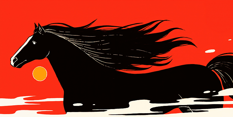 JPG 동물 실루엣 예술 컬러 일러스트 모션 자연 생명 풍경 달리기 운동 태양 검은색 힘 자유 말_게임 갈기 뷰티풀 국내일러스트 병오년 붉은말 AI일러스트 AI콘텐츠 자연요소 컨셉 촬영기법 건강 말_동물 생태계 파일형식 2026년