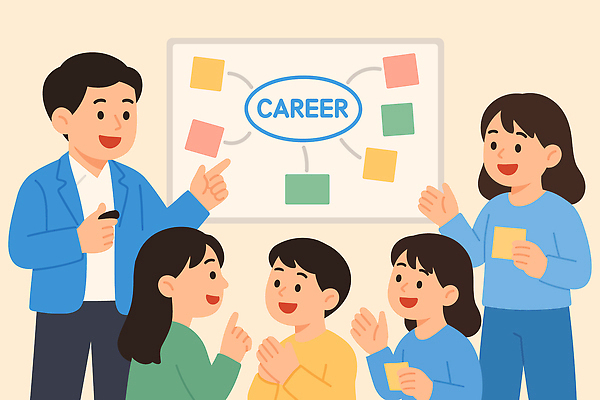 직업 교육 일러스트 모션 협력 아이디어 학습 정보 발표 그룹 질문 리더 화이트보드 전략 커리어 소통 진로 참여 멘토링 국내일러스트 AI파일 컨셉 파일형식 벡터