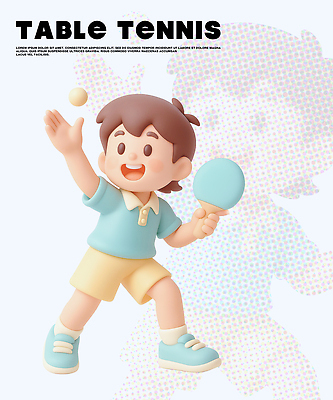 PSD 편집이미지 캐릭터 어린이 스포츠 셔츠 반바지 공 모션 놀이 운동 게임 라켓 탁구 즐거움 액션 편집3D 감정 스포츠용품 상의 바지 건강 사람 3D 구기 파일형식