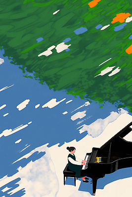 JPG 나무 감정 예술 음악 컬러 연주 일러스트 자연 하늘 사람 앉기 풍경 초록색 여름 평화 주황색 감상 피아노 뷰티풀 창작 국내일러스트 AI일러스트 AI콘텐츠 식물 계절 컨셉 모션 문화예술 건반악기 생태계 파일형식