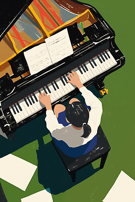 JPG 손 감정 여유 예술 음악 연주 의자 일러스트 사람 잔디 초록색 인테리어 피아노 묘기 집중 그림 독창 멜로디 순간 창의성 국내일러스트 AI일러스트 AI콘텐츠 식물 디자인 컬러 가구 컨셉 문화예술 신체부위 건반악기 파일형식