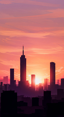 JPG 건축 실루엣 일러스트 유리 하늘 풍경 빌딩 태양 평화 노을 일몰 도시 원형 구조물 저녁 대도시 스카이라인 뷰티풀 국내일러스트 AI일러스트 AI콘텐츠 자연요소 도형 컨셉 재질 촬영기법 건물 야간 파일형식