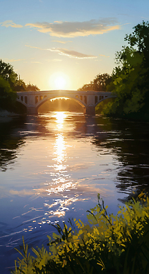 JPG 일러스트 자연 하늘 풍경 물 여름 빛 강 햇빛 반사 평화 노을 일몰 저녁 숲 조용 뷰티풀 차분 국내일러스트 AI일러스트 AI콘텐츠 자연요소 계절 컨셉 태양 야간 생태계 파일형식