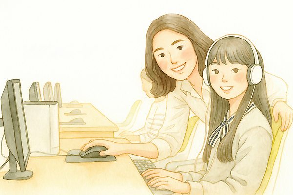 JPG 교육 일러스트 학교 모션 협력 함께함 실내 미소 소녀 여름 친구 학습 컴퓨터 스크린 헤드폰 키보드 마우스 작업 즐거움 그림 소통 국내일러스트 AI일러스트 AI콘텐츠 계절 여자 감정 어린이 음향기기 컨셉 관계 표정 내부 전자제품 컴퓨터용품 파일형식