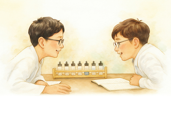 JPG 학생 교육 과학 일러스트 아이디어 실험기구 실험 대화 웃음 친구 학습 교양 화학 실험실 즐거움 스승 시약 발견 국내일러스트 AI일러스트 AI콘텐츠 감정 컨셉 관계 표정 말하기 약 파일형식