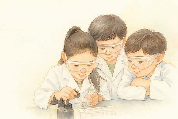 JPG 교육 어린이 과학 일러스트 협력 실험기구 실험 학습 청바지 실험실 집중 시험관 호기심 용액 과학교육 흥미 국내일러스트 AI일러스트 AI콘텐츠 감정 컨셉 바지 사람 파일형식