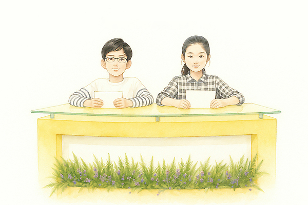 JPG 학생 교육 어린이 일러스트 자연 스튜디오 대화 두명 학습 대기 발표 뉴스 준비 방송 언론 진행 대본 프로그램 국내일러스트 AI일러스트 AI콘텐츠 말하기 사람 생태계 파일형식