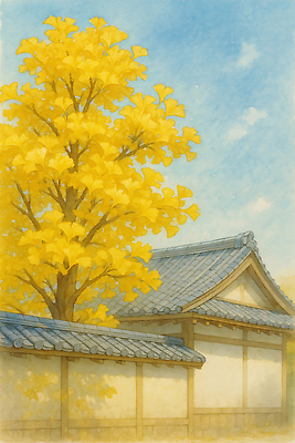 JPG 나무 전통 계절 공원 건축 문화 고건축 일러스트 자연 하늘 한옥 한국 풍경 노란색 평화 정원 가을 은행나무 조화 뷰티풀 국내일러스트 AI일러스트 AI콘텐츠 식물 한국전통 건축물 공공시설 아시아 컬러 컨셉 생태계 파일형식