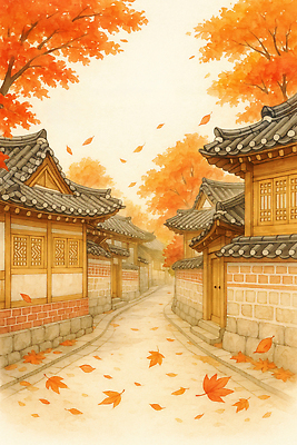 JPG 나무 전통 계절 건축 문화 여행 단풍 잎 일러스트 자연 거리 한옥 한국 풍경 일상 마을 고요 가을 역사 뷰티풀 고택 국내일러스트 AI일러스트 AI콘텐츠 식물 한국전통 건축물 아시아 고건축 라이프 생태계 파일형식