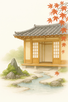 JPG 나무 전통 건축물 문화 컬러 단풍 일러스트 자연 한옥 한국 미술 풍경 평화 정원 고요 공간 가을 돌_바위 개울 조화 뷰티풀 국내일러스트 AI일러스트 AI콘텐츠 식물 한국전통 계절 건축 아시아 컨셉 고건축 잎 문화예술 강 생태계 파일형식