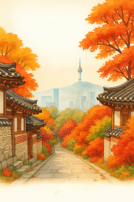 JPG 전통 컬러 여행 단풍 일러스트 자연 거리 한옥 서울 풍경 산책로 문화재 가을 역사 남산타워 뷰티풀 국내일러스트 AI일러스트 AI콘텐츠 한국전통 계절 길 고건축 잎 한국 생태계 남산 파일형식