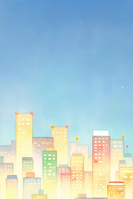 JPG 백그라운드 야경 일러스트 밤하늘 하늘 조명 따뜻함 빌딩 빛 평화 꿈 도시 화려 비교 구조물 차가움 고층 경관 국내일러스트 AI일러스트 AI콘텐츠 건축 컨셉 풍경 건물 야간 파일형식 풍경_경치