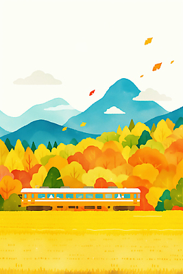 JPG 여유 여행 단풍 잎 일러스트 자연 하늘 산 풍경 초원 평화 기차 가을 힐링 기차역 느림 뷰티풀 국내일러스트 AI일러스트 AI콘텐츠 식물 계절 감정 육상교통 컨셉 대중교통 역 생태계 파일형식