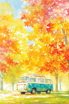 JPG 나무 공원 여유 여행 단풍 잎 일러스트 자동차 자연 풍경 빨간색 파란색 햇빛 노란색 평화 가을 숲 조용 캠핑카 뷰티풀 국내일러스트 AI일러스트 AI콘텐츠 식물 계절 공공시설 감정 육상교통 컬러 컨셉 태양 생태계 파일형식