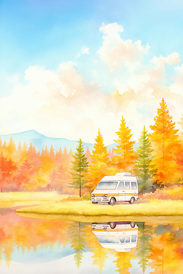 JPG 나무 호수 컬러 여행 단풍 일러스트 자연 하늘 휴식 산 풍경 취미 물 반사 야외활동 고요 탐험 가을 주차 캠핑카 국내일러스트 AI일러스트 AI콘텐츠 자연요소 식물 계절 컨셉 잎 자동차 생태계 파일형식