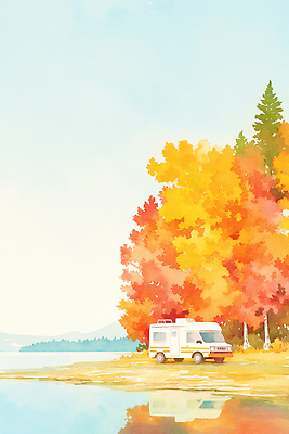 JPG 나무 호수 여행 단풍 잎 일러스트 자연 바닥 풍경 빨간색 반사 노란색 평화 고요 캠핑 가을 주차 캠핑카 뷰티풀 국내일러스트 AI일러스트 AI콘텐츠 식물 계절 컬러 컨셉 자동차 레저 생태계 파일형식