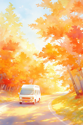 JPG 나무 도로 길 여행 단풍 일러스트 자동차 자연 풍경 햇빛 자유 가을 조용 캠핑카 뷰티풀 색감 오색 국내일러스트 AI일러스트 AI콘텐츠 식물 계절 육상교통 컨셉 잎 교통시설 태양 생태계 파일형식