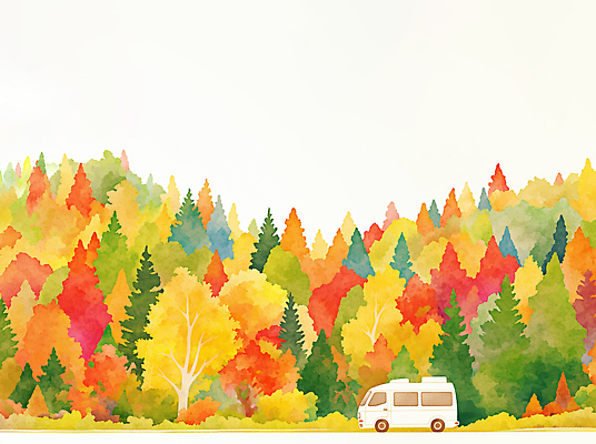 JPG 나무 컬러 여행 단풍 일러스트 가족 자연 휴식 풍경 빨간색 초록색 친구 주황색 운전 금색 탐험 안개 가을 숲 캠핑카 국내일러스트 AI일러스트 AI콘텐츠 식물 계절 컨셉 잎 관계 모션 자동차 날씨 생태계 파일형식