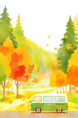 JPG 나무 컬러 여행 단풍 잎 일러스트 자동차 자연 산 풍경 야외 햇빛 평화 고요 캠핑 가을 숲 캠핑카 조화 국내일러스트 AI일러스트 AI콘텐츠 식물 계절 육상교통 컨셉 레저 태양 생태계 파일형식