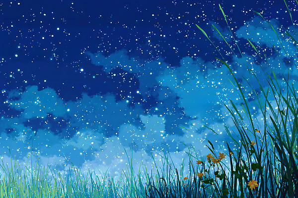 JPG 꽃 별 일러스트 자연 밤하늘 하늘 풍경 초원 여름 파란색 평화 고요 시골 조용 별빛 뷰티풀 차분 국내일러스트 AI일러스트 AI콘텐츠 자연요소 식물 계절 컬러 컨셉 빛 야간 생태계 파일형식