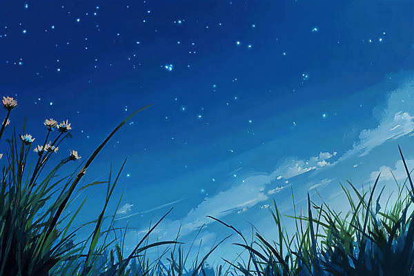 JPG 감정 별 여유 일러스트 자연 밤하늘 하늘 풍경 여름 파란색 평화 고요 감상 들꽃 저녁 시원함 별빛 뷰티풀 국내일러스트 AI일러스트 AI콘텐츠 자연요소 계절 꽃 컬러 컨셉 빛 야간 생태계 파일형식