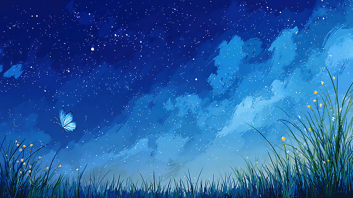 JPG 별 예술 컬러 나비 날개 일러스트 자연 밤하늘 하늘 생명 풍경 잔디 여름 파란색 고요 꿈 자유 신비 비밀 조화 뷰티풀 국내일러스트 AI일러스트 AI콘텐츠 자연요소 식물 계절 곤충 컨셉 야간 생태계 파일형식