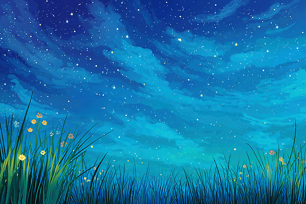 JPG 꽃 별 여유 컬러 일러스트 자연 밤하늘 하늘 풍경 초원 장식 파란색 고요 대기 감성 별빛 뷰티풀 차분 국내일러스트 AI일러스트 AI콘텐츠 자연요소 식물 감정 컨셉 빛 야간 생태계 파일형식
