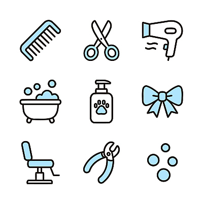 아이콘 리본 의자 장신구 관리 반려동물 뷰티 목욕 도구 머리빗 미용실 드라이어 청소 샴푸 손톱깎이 펫케어 2D아이콘 AI파일 동물 가구 위생용품 청결 미용용품 뷰티샵 파일형식 벡터