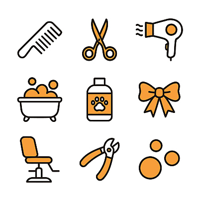 아이콘 의자 반려동물 뷰티 목욕 장비 도구 머리빗 손톱 드라이어 서비스 다듬기 펫케어 2D아이콘 AI파일 동물 손 가구 모션 관리 청결 미용용품 파일형식 벡터