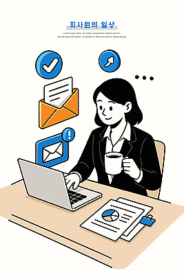 여자 커피 일러스트 회사 회의 직장 대화 일상 노트북 사무실 업무 작업 사무 직장인 이메일 편지 직원 파일 소통 서류판 국내일러스트 AI파일 직업 음료 컨셉 비즈니스 말하기 사람 라이프 전자제품 사무용품 파일형식 벡터