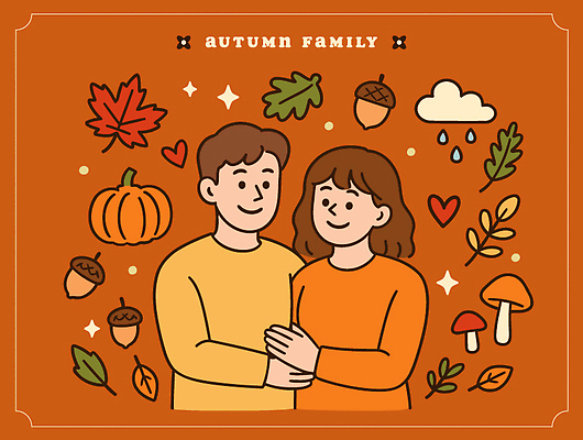동물 부부 사계절 행복 감정 일러스트 가족 포옹 자연 호박 나뭇잎 따뜻함 사랑 추억 공유 소통 시너지 자연물 국내일러스트 AI파일 커플 계절 컨셉 잎 채소 관계 안기 생태계 파일형식 벡터
