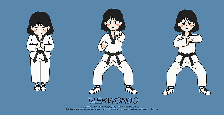 어린이 포즈 일러스트 기술 운동 주먹 활발 무도 자신감 수비 킥 체육 연습 태권도 파란배경 국내일러스트 AI파일 감정 스포츠 백그라운드 컨셉 모션 건강 사람 파란색 격투기 파일형식 벡터