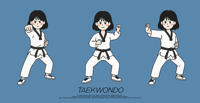 어린이 포즈 일러스트 교실 모션 기술 여름 운동 격투기 무도 자신감 연습 태권도 국내일러스트 AI파일 계절 교육 감정 스포츠 학교 건강 사람 파일형식 벡터