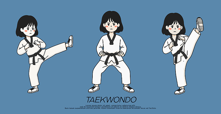 어린이 스포츠 포즈 일러스트 도복 소녀 운동 무도 킥 집중 체육 연습 즐거움 태권도 국내일러스트 AI파일 옷 여자 감정 컨셉 모션 건강 사람 격투기 파일형식 벡터