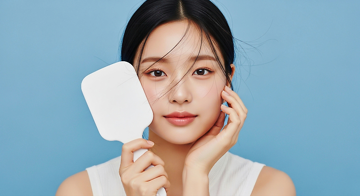 JPG 편집이미지 헤어스타일 여자 포즈 하늘색 백그라운드 스튜디오 미소 앞모습 청춘 촬영 거울 피부 스킨케어 뷰티풀 청순 의료성형뷰티 편집실사 AI인물포토 AI콘텐츠 뷰포인트 컨셉 표정 사람 신체부위 파란색 뷰티 CG 파일형식 AI포토