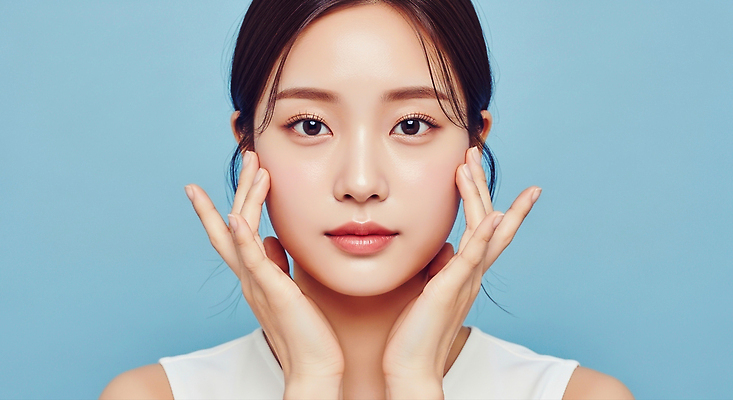 JPG 편집이미지 손 여자 얼굴 백그라운드 건강 관리 파란색 뷰티 편안함 집중 피부 스킨케어 뷰티풀 의료성형뷰티 편집실사 AI인물포토 AI콘텐츠 컬러 컨셉 사람 신체부위 감각 CG 파일형식 AI포토