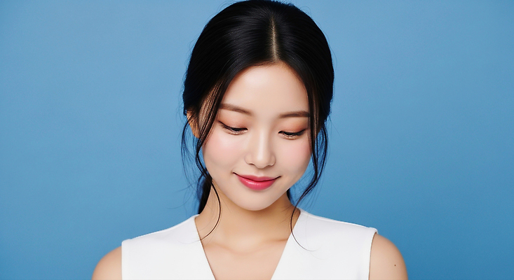 JPG 편집이미지 헤어스타일 여자 포즈 조명 고개숙이기 미소 촬영 우아함 피부 파란배경 스킨케어 뷰티풀 소프트 청순 의료성형뷰티 차분 편집실사 AI인물포토 AI콘텐츠 백그라운드 컨셉 표정 숙이기 사람 신체부위 파란색 뷰티 CG 파일형식 AI포토