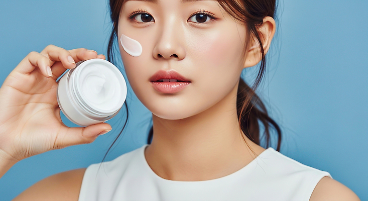 JPG 편집이미지 여자 화장 뷰티 화장품 피부 크림 피부관리 파란배경 스킨케어 의료성형뷰티 편집실사 AI인물포토 AI콘텐츠 백그라운드 사람 신체부위 파란색 CG 파일형식 AI포토