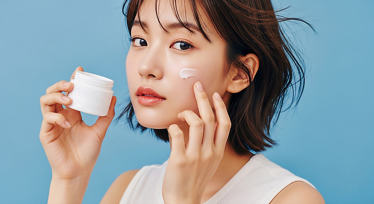 JPG 편집이미지 여자 얼굴 건강 미소 파란색 청춘 뷰티 촬영 화장품 상품 피부 크림 일과 스킨케어 의료성형뷰티 편집실사 AI인물포토 AI콘텐츠 컬러 컨셉 표정 사람 신체부위 CG 파일형식 AI포토