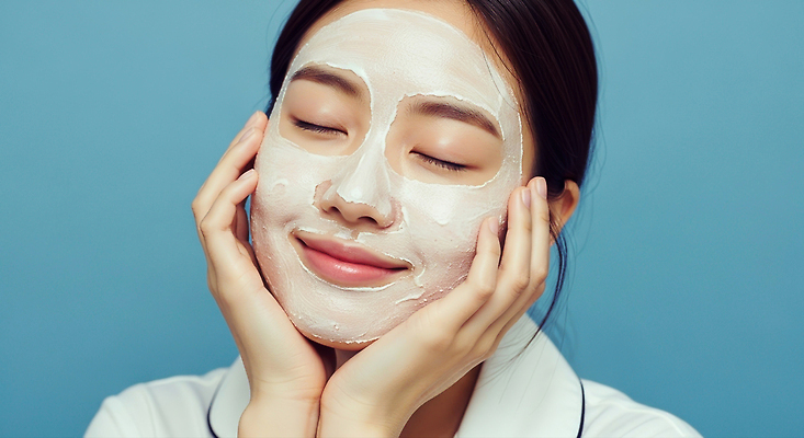 JPG 편집이미지 여자 행복 얼굴 백그라운드 관리 마스크 미소 파란색 화장 뷰티 상품 편안함 피부 스킨케어 의료성형뷰티 효과 편집실사 AI인물포토 AI콘텐츠 감정 컬러 표정 사람 신체부위 감각 CG 파일형식 AI포토