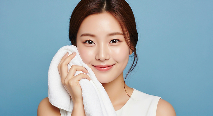 JPG 편집이미지 여자 얼굴 미소 청춘 수건 뷰티 화장품 촉촉함 세수 피부관리 파란배경 스킨케어 뷰티풀 의료성형뷰티 편집실사 AI인물포토 AI콘텐츠 백그라운드 컨셉 표정 사람 신체부위 파란색 위생용품 청결 젖음 CG 파일형식 AI포토