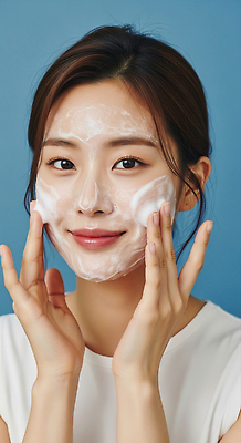 JPG 편집이미지 여자 휴식 미소 웃음 일상 뷰티 청결 화장품 세수 피부 피부관리 스킨케어 세안제 의료성형뷰티 편집실사 AI인물포토 AI콘텐츠 컨셉 표정 사람 라이프 신체부위 위생 CG 세안용품 파일형식 AI포토