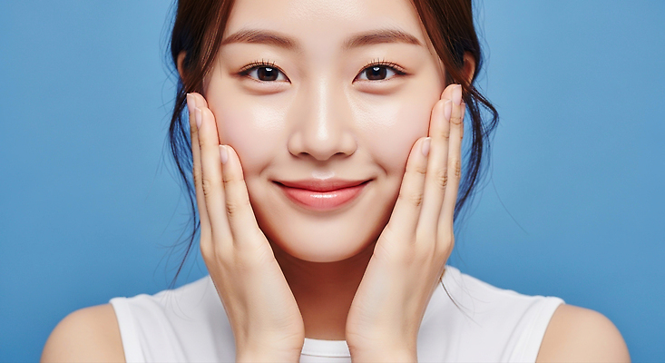 JPG 편집이미지 손 여자 얼굴 자연 건강 미소 화장 화장품 자신감 향수 피부관리 파란배경 스킨케어 뷰티풀 의료성형뷰티 편집실사 AI인물포토 AI콘텐츠 감정 백그라운드 표정 사람 신체부위 파란색 뷰티 CG 생태계 파일형식 AI포토