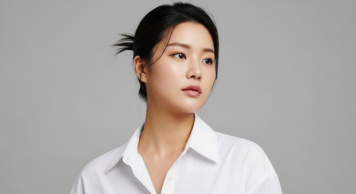 JPG 편집이미지 여자 패션 포즈 셔츠 표정 빛 촬영 고요 단순화된 의료성형뷰티 스타일 세련 편집실사 AI인물포토 AI콘텐츠 상의 사람 CG 파일형식 AI포토