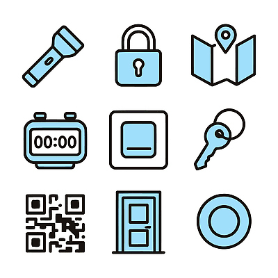 아이콘 시계 지도 모션 표시 열쇠 자물쇠 실내 경고 문 정보 알람 도구 손전등 보안 QR코드 2D아이콘 방탈출 AI파일 조명 안전 내부 게임 파일형식 벡터