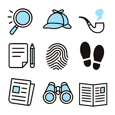 아이콘 필기구 쌍안경 도구 신문 발자국 분석 검사_조사 문서 증거 확대경 탐정 수사 지문 2D아이콘 방탈출 AI파일 컨셉 자국 문구용품 간행물 망원경 게임 뉴스 파일형식 벡터