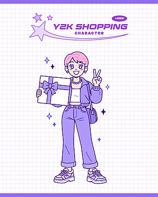 캐릭터 옷 문화 백그라운드 일러스트 모션 선물 미소 쇼핑 청춘 유행 귀여움 보라색 빈티지 즐거움 그림 스타일 Y2K 일러캐릭터 AI파일 감정 컬러 컨셉 표정 파일형식 벡터